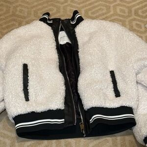 Avec Les Filles White and Black Sherpa Bomber Jacket with faux leather trim